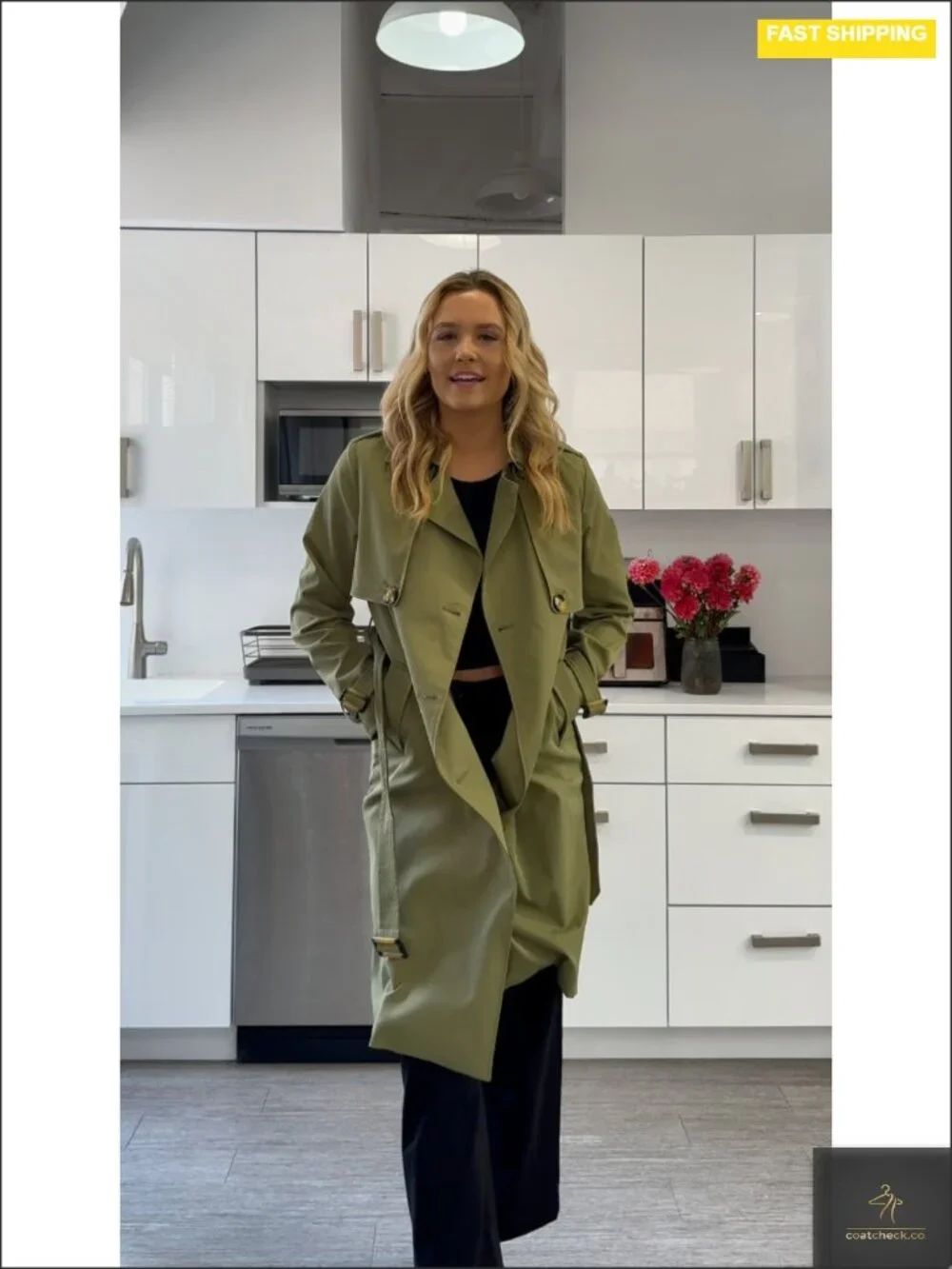 Women's Double Breasted Trench Coat 3/4 Length with Belt 100% Polyester
